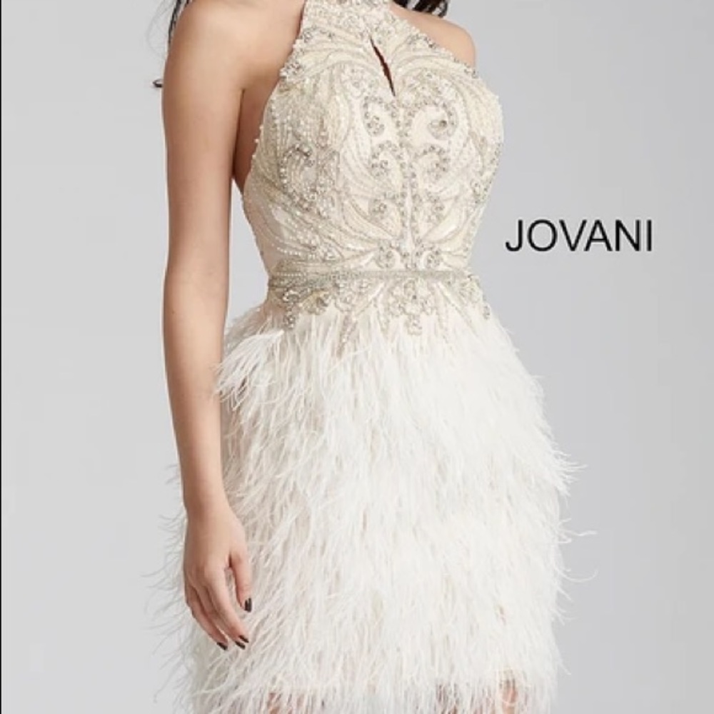 Ivory Embellished High Neck Short Dress 45547 - Picture 3 of 5